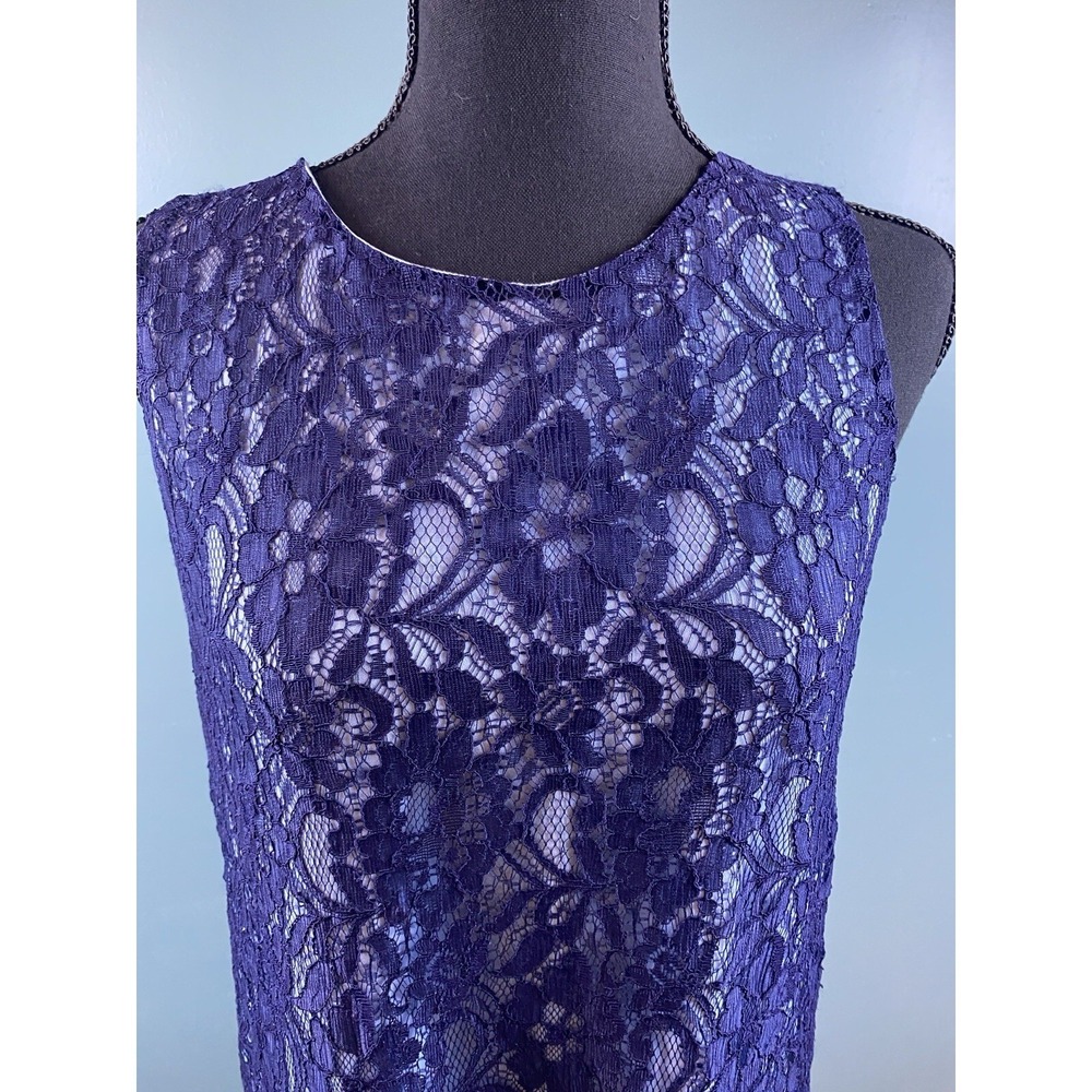 Navy‎ Blue Floral Lace Sleeveless Shift Dress Round Neck Midi Elegant Cocktail - Picture 4 of 16